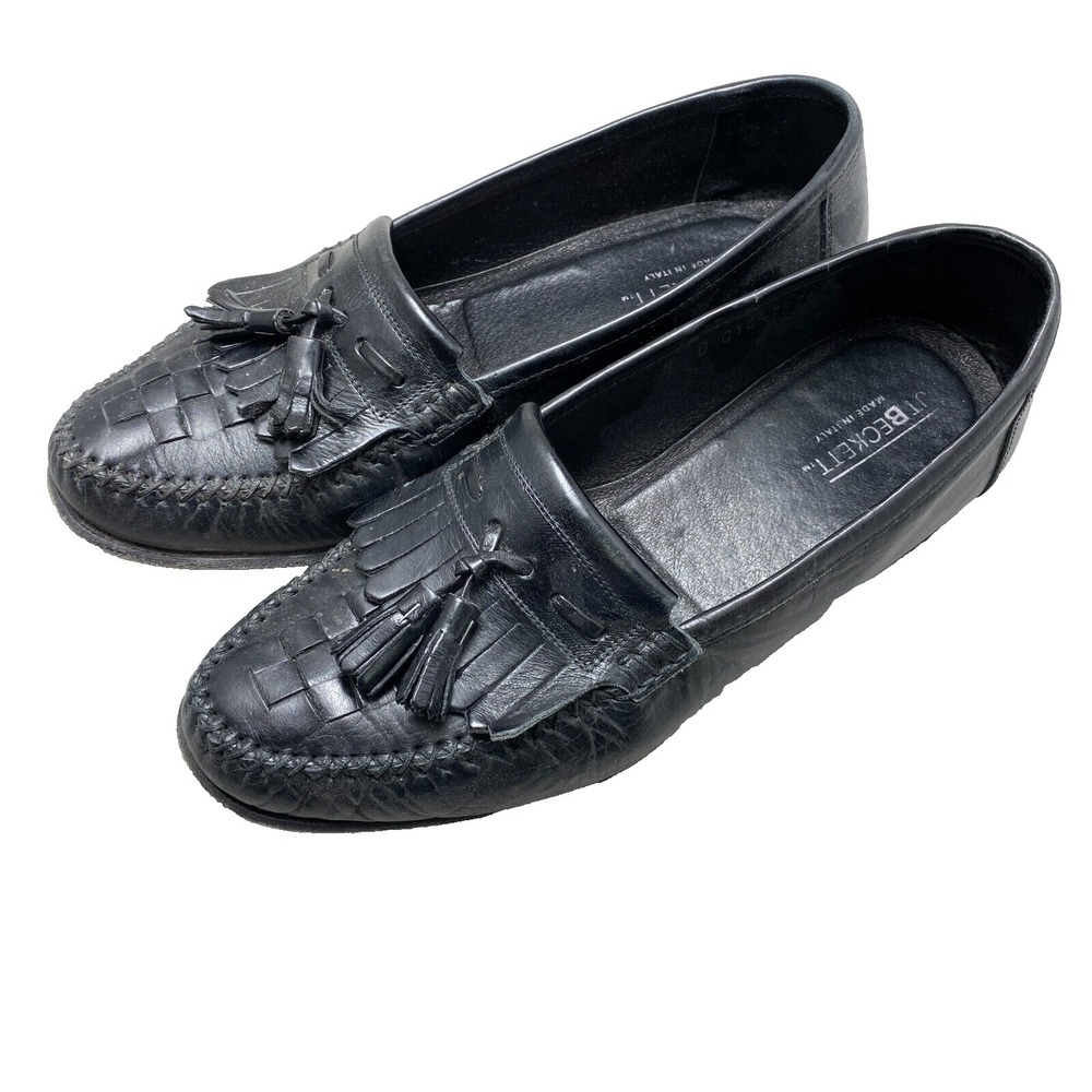 JT Beckett Loafer Dress Shoes 8 D Black Wingtip Tassels Leather Made in Italy
